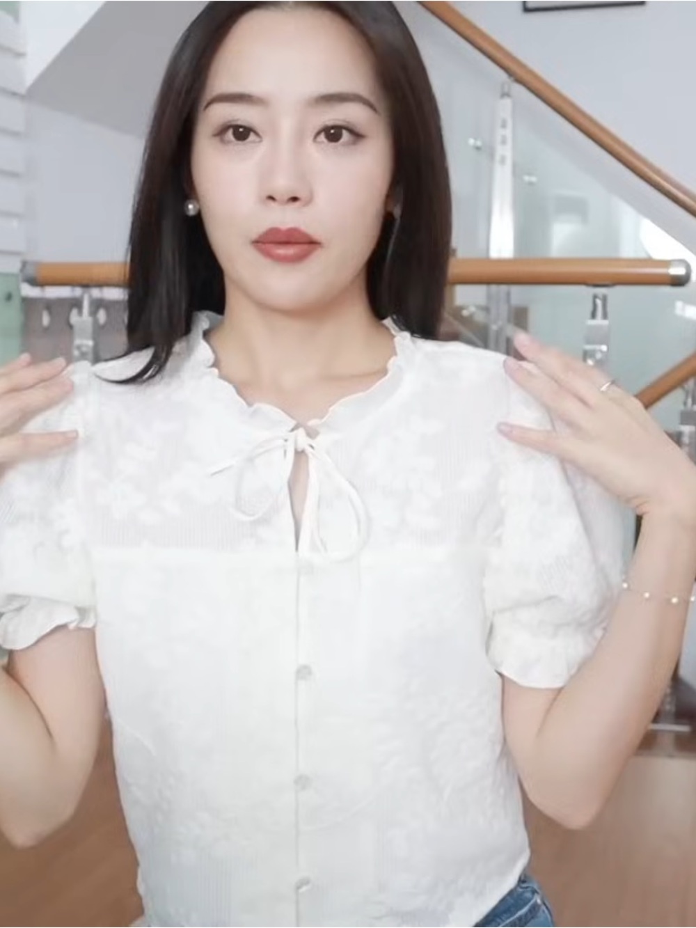 Petite Studio White Lace Tie-Front Puff Sleeve Blouse